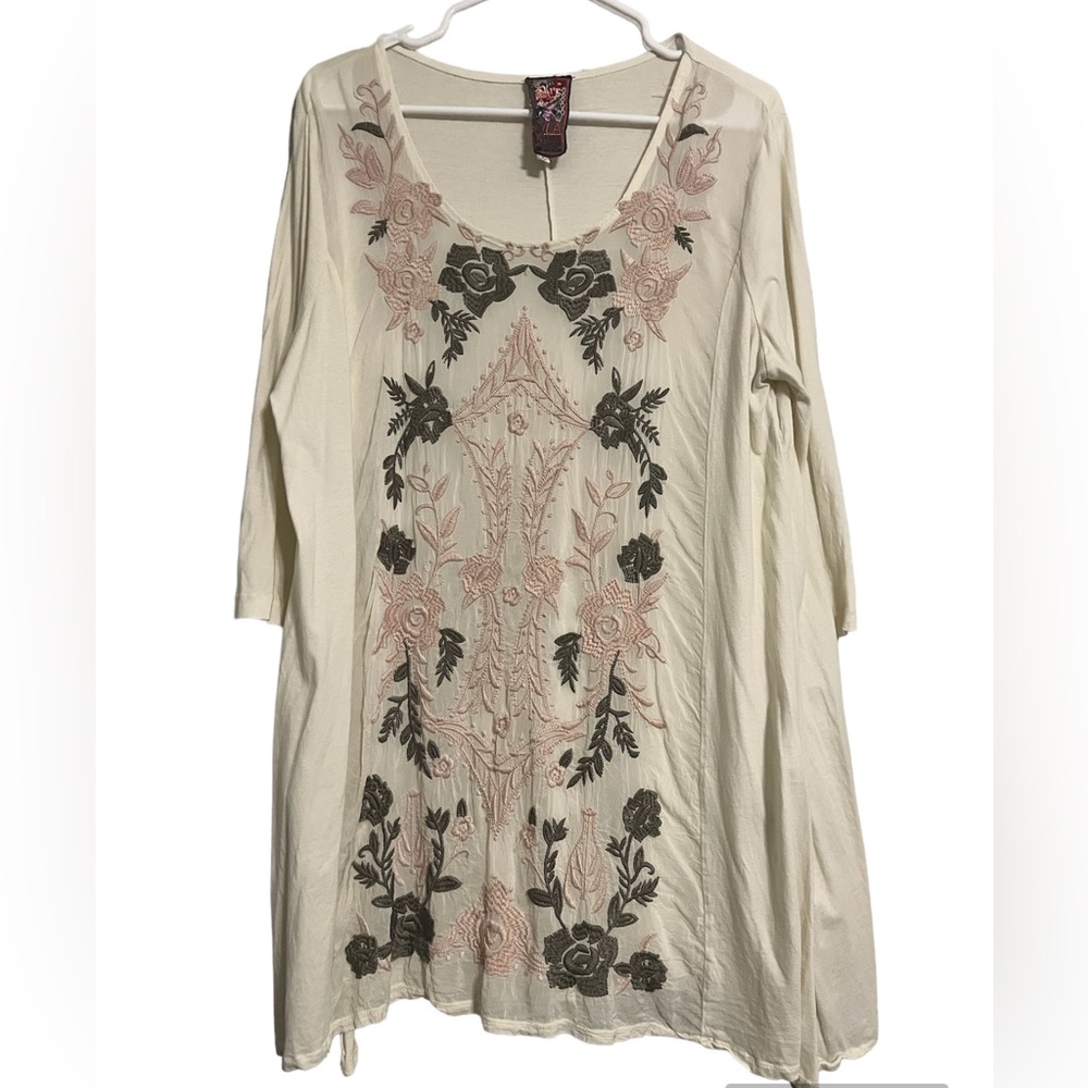 Johnny Was Embroidered Blouse Large Cream Gray Pink